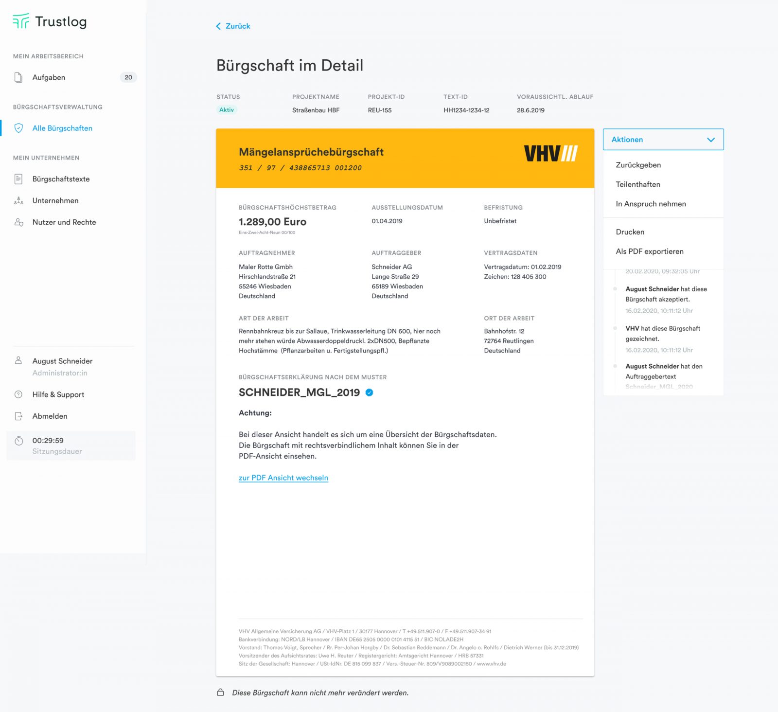 Trustlog Bürgschaftsverwaltung